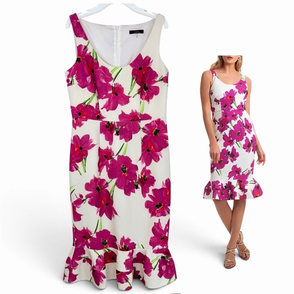 Trina Turk Floral Sheath Dress 4 Sari Pink Knee Length Sleeveless Party Wedding